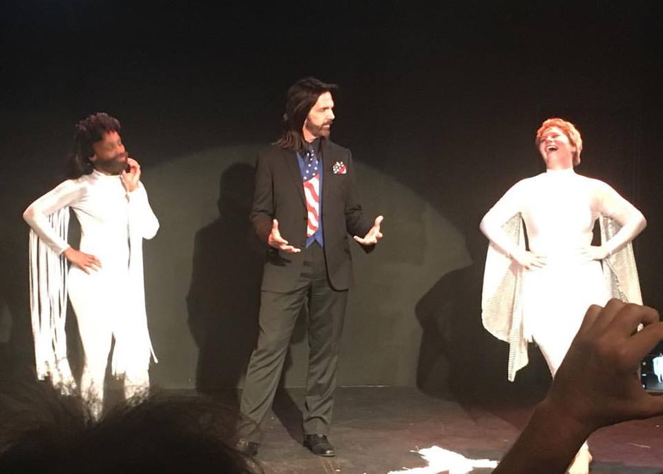 Amber Ruffin (L), Lauren Van Kurin (R), and a surprise visit at curtain call from the REAL Billy Mitchell! (Photo by Tifanie McQueen)