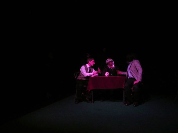 Mr. Carstairs (Corey Klemow), Madame Robocaller (John Wuchte) and Cadwaller (Scot Shamblin) at a sham of a sance.