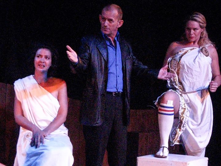 Mr. Black lays down the law. (L-R: Jaime Andrews as "Athena," Ezra Buzzington as "Mr. Black" and Lauren Van Kurin as "Artemis")