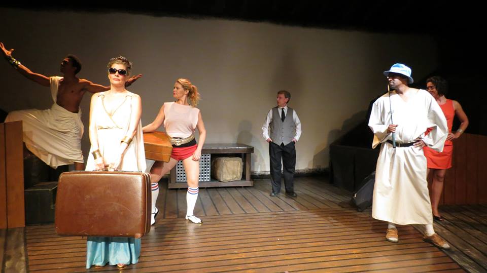 The gods are none too thrilled with their new digs at Hollywood's "Chez Olympus." (L-R: KJ Middlebrooks as "Apollo," Erin Matthews as "Hera," Lauren Van Kurin as "Artemis," Corey Klemow as "Mr. Corgi," Victor Isaac as "Poseidon" and Jaime Andrews as "Athena")