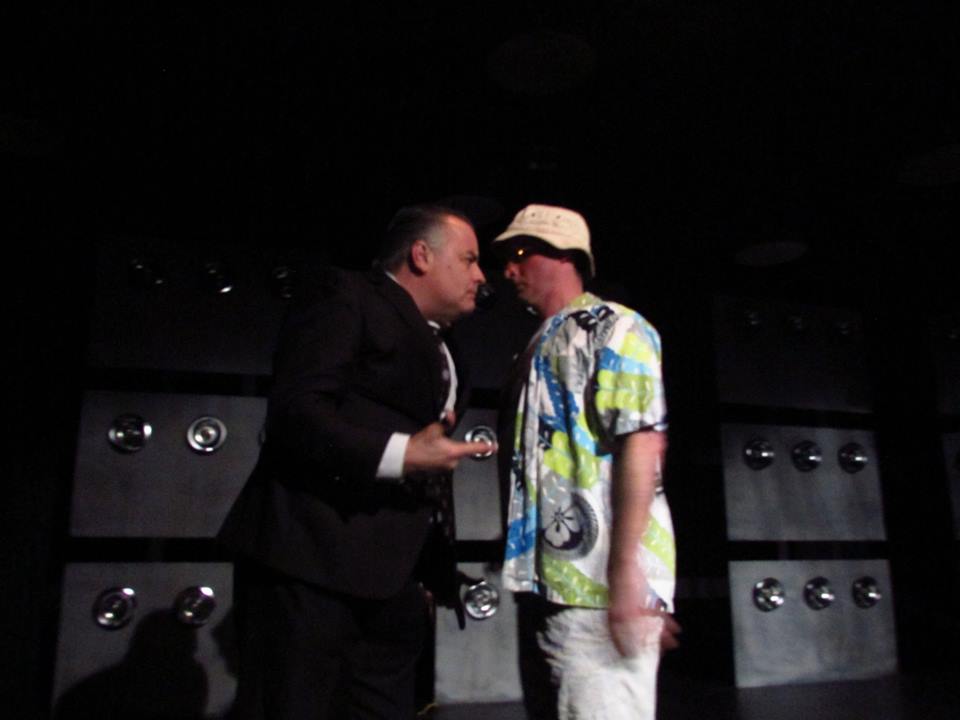 Richard Nixon (Pat Towne) confronts Hunter S. Thompson.