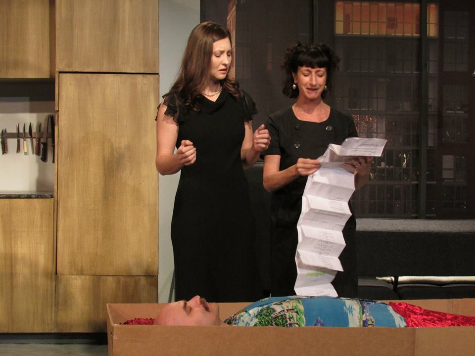 The funeral director shows the widow her husband's will, stipulating the hawaiian shirt and lack of shoes.