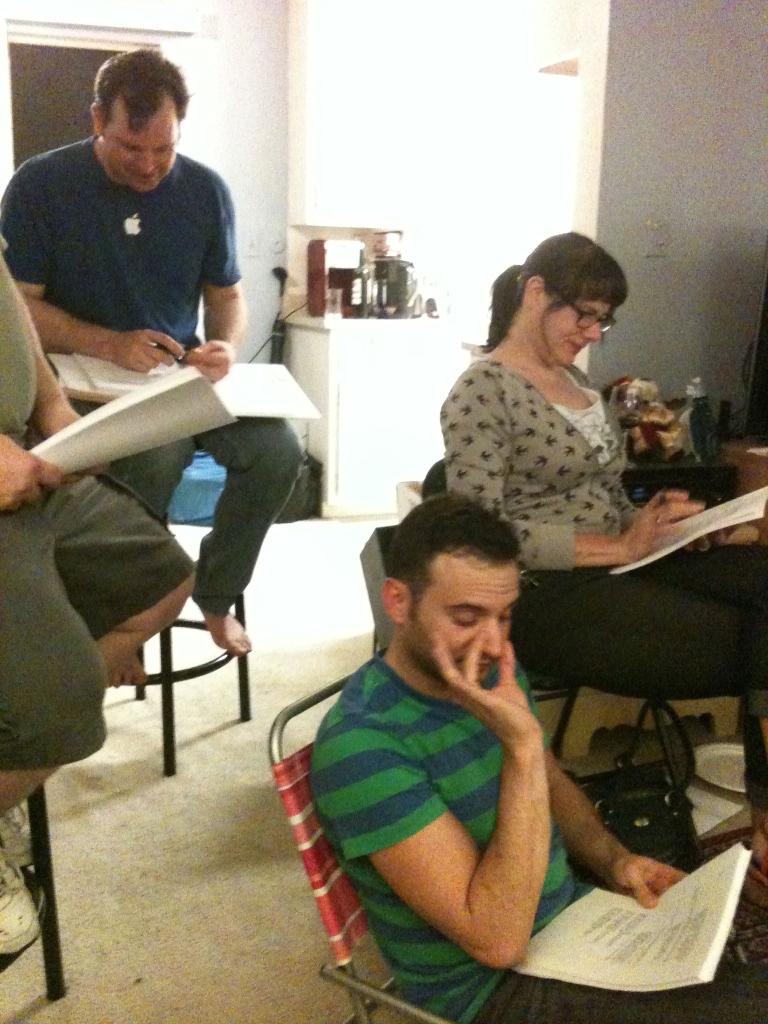 A rehearsal at home (Clockwise from top left: David Mayes, Erin Parks & Matt Valle)