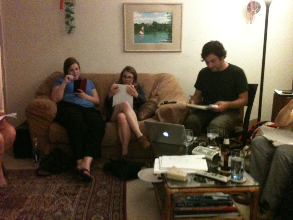 A rehearsal at home.  (L-R: Megan Crockett, Julia Griswold & Zachary Bernstein)